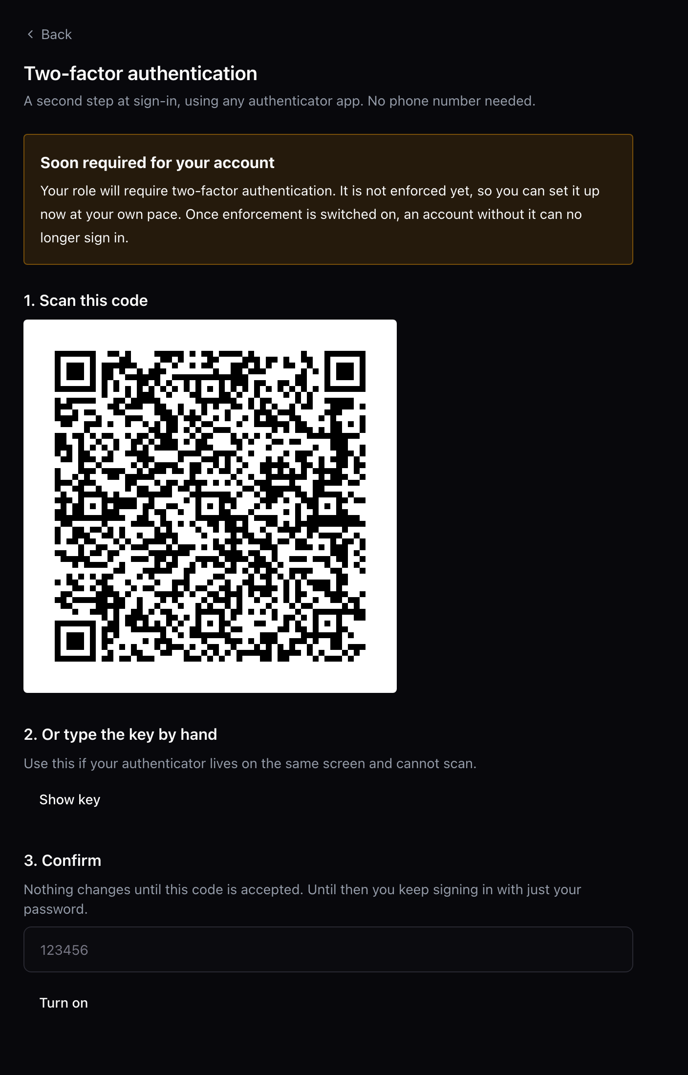 Admins sign in with a second step. Scan the code with an authenticator app. (1) Scan; (2) Six-digit code.