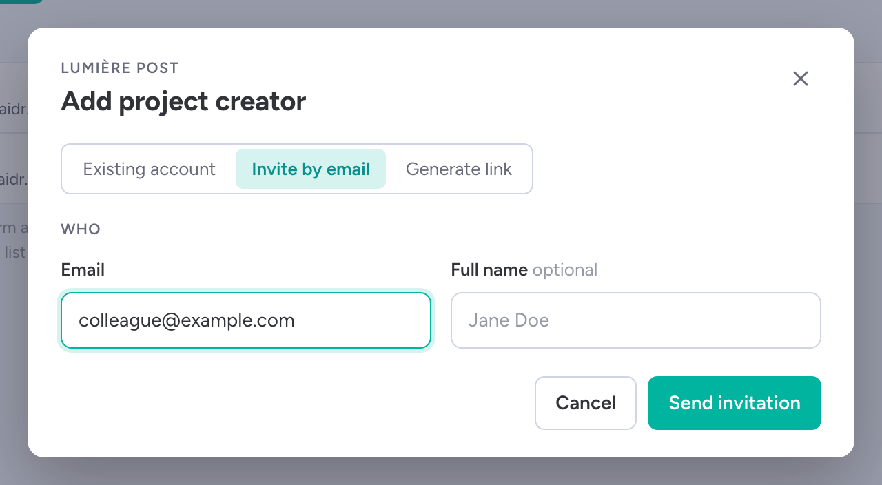 Invite a colleague as project creator. Adding a workspace admin needs AIDR. (1) Level; (2) Email, or a link to share; (3) Send invitation.