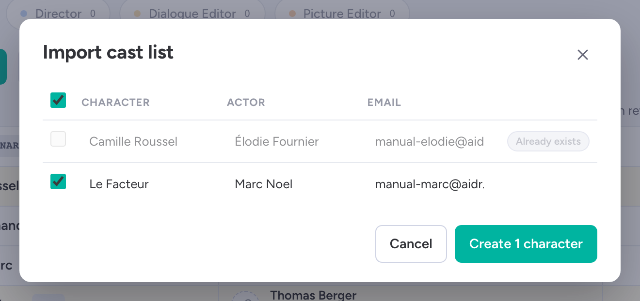Or drop the cast list. Check the rows, then create. (1) Characters and actors found; (2) Already in the project; (3) Create characters.