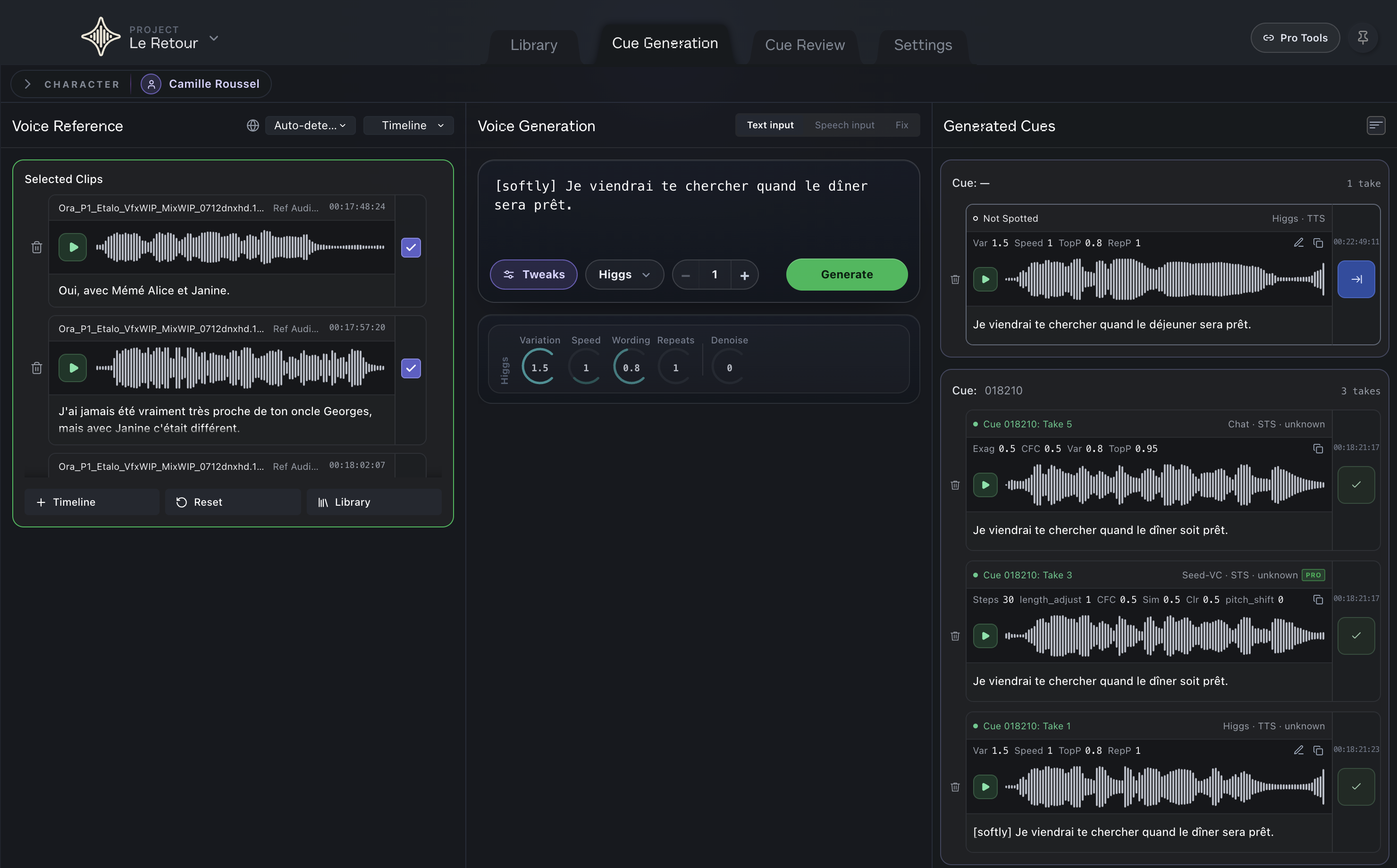 Three tabs, three panels. AIDR Studio follows your Pro Tools selection. (1) Library; (2) Cue Generation; (3) Cue Review; (4) Settings; (5) Voice Reference; (6) Voice Generation; (7) Generated Cues; (8) Pro Tools connection.