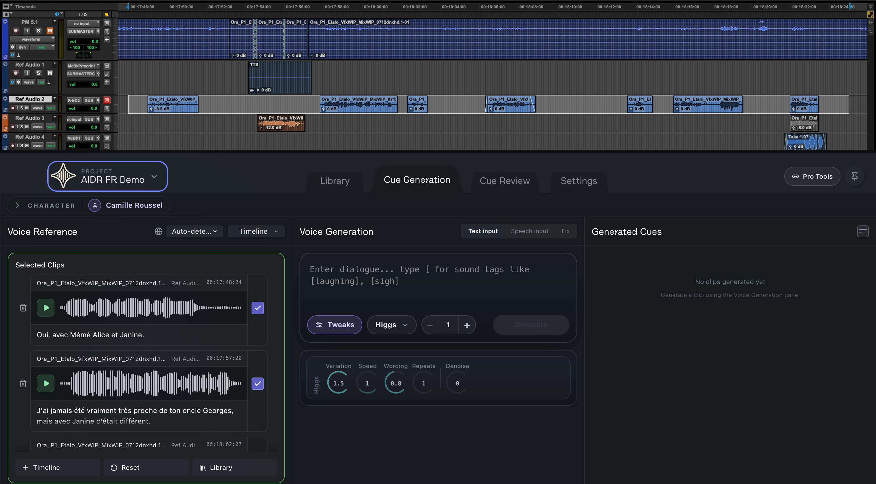 Select the original in Pro Tools, then Use selected clips. (1) Your selection in Pro Tools; (2) The reference, clip by clip; (3) Transcription: fix it if it is wrong; (4) Language: set it on short clips.