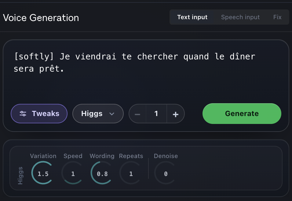 Put the Pro Tools cursor on the cue. Type the line. (1) Text input; (2) Direction in square brackets; (3) Engine; (4) Takes per click; (5) Generate.