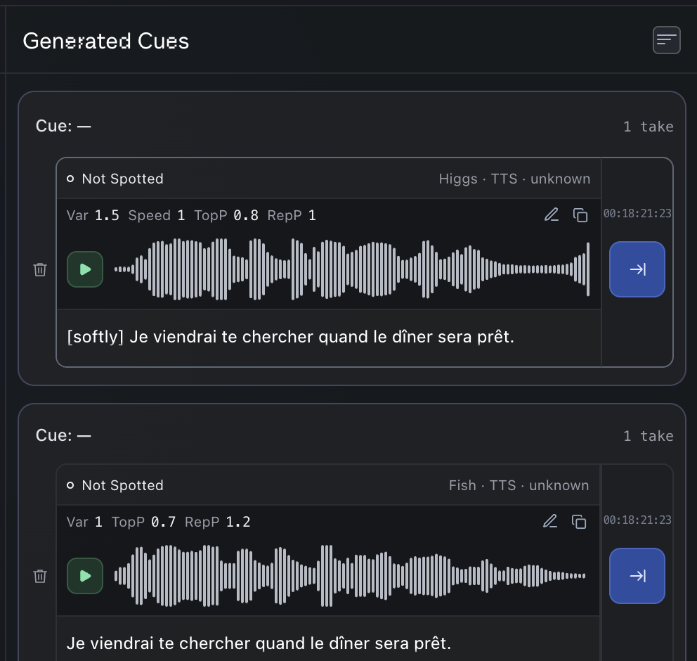 Every take lands here. Listen before you spot. (1) Play; (2) Engine and method; (3) Not on the timeline yet; (4) Spot.