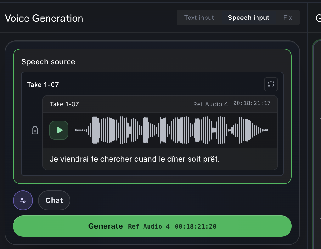 Speech input, then Use selected clip. (1) Speech input; (2) Source clip; (3) What it says; (4) Generate.