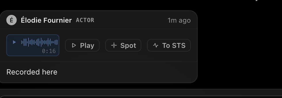 Listen to it, spot it in Pro Tools, or send it to Speech input. (1) Play; (2) Spot (at the Pro Tools cursor); (3) To STS (into Speech input).