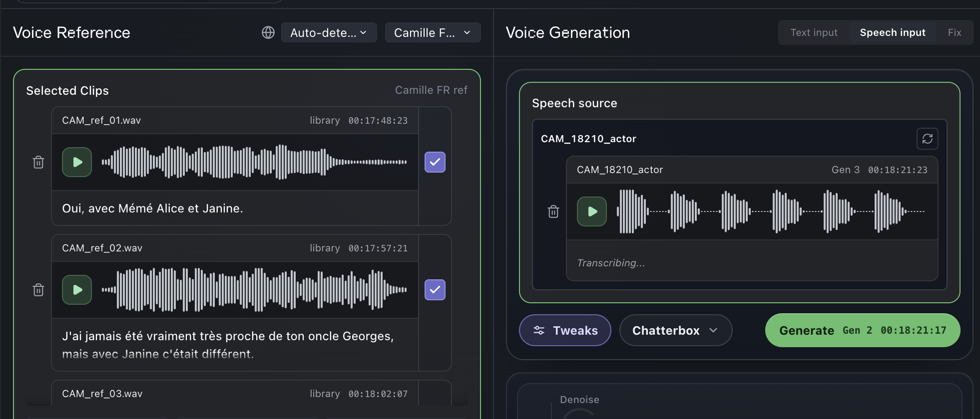 Her recording becomes the source. Generate, spot, and send it back for review. (1) Her recording as the source; (2) Her voice as the reference; (3) Generate.