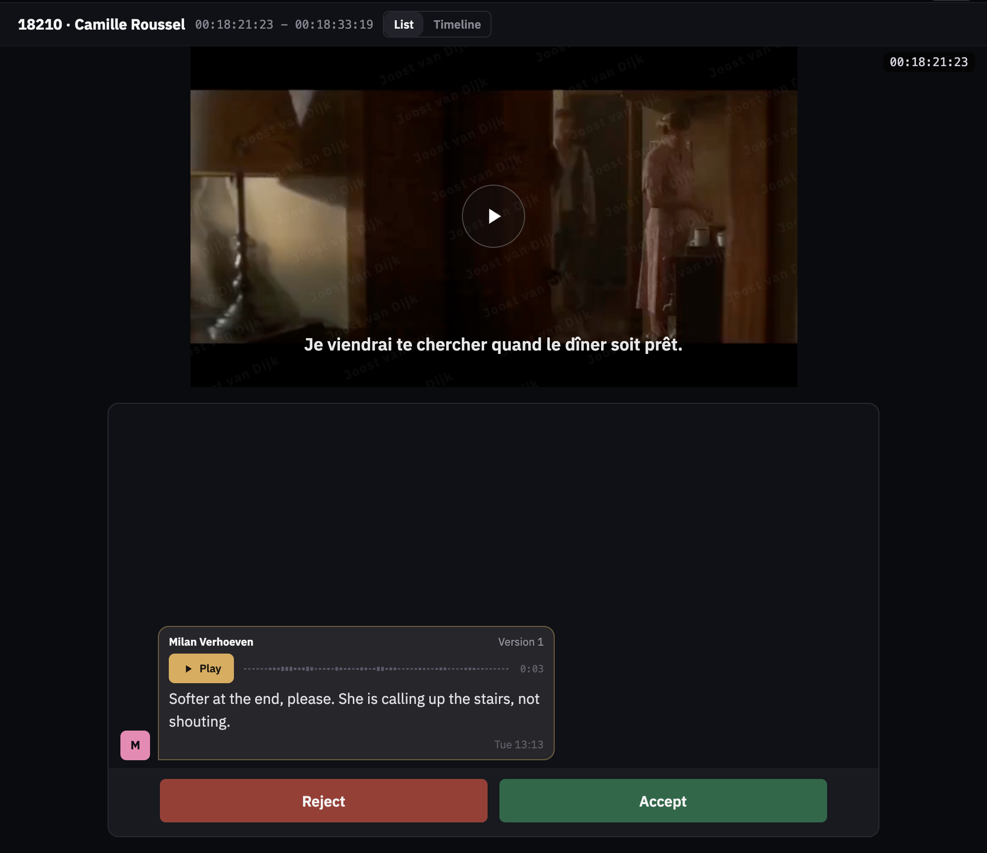 The take plays on picture, with the viewer's name across it. (1) Watermark: the viewer's own name; (2) Play; (3) The editor's message; (4) Reject or accept.